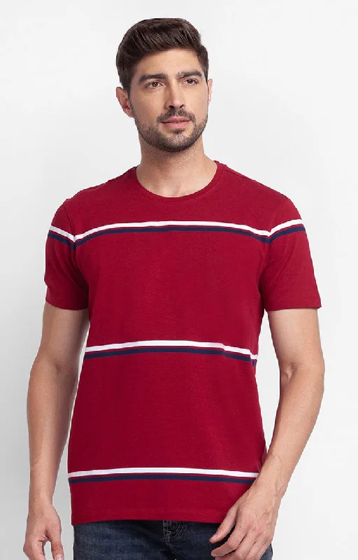 Special Discount Spykar Deep Red Cotton Half Sleeve Stripes Casual T-Shirt For Men