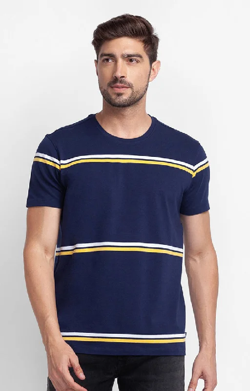 New Deal Spykar Navy Blue Cotton Half Sleeve Stripes Casual T-Shirt For Men