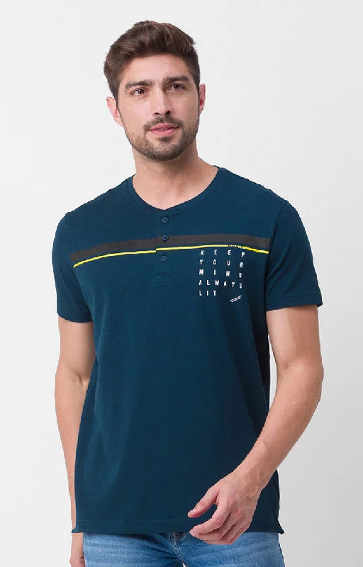 Lowest Price Spykar Teal Blue Cotton Half Sleeve Plain Casual T-Shirt For Men