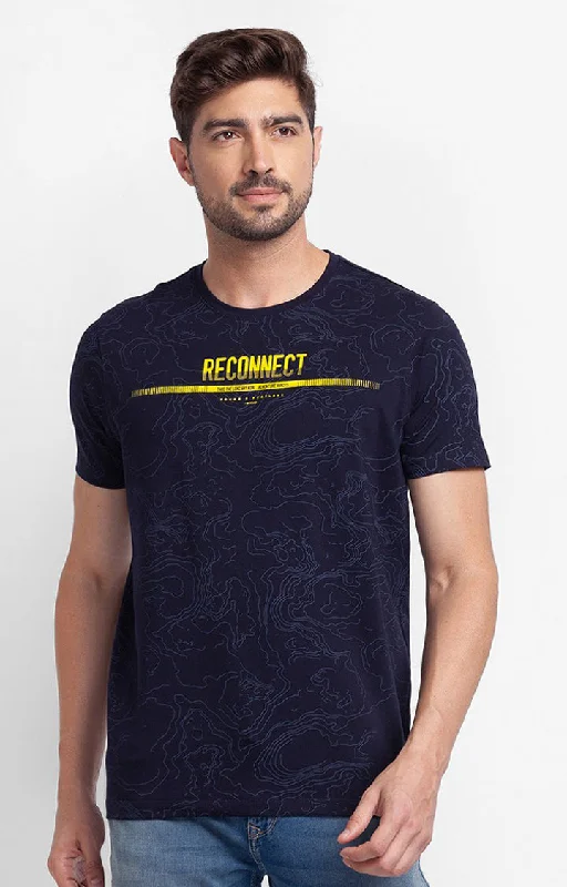 Weekend Special Spykar Navy Blue Cotton Half Sleeve Printed Casual T-Shirt For Men