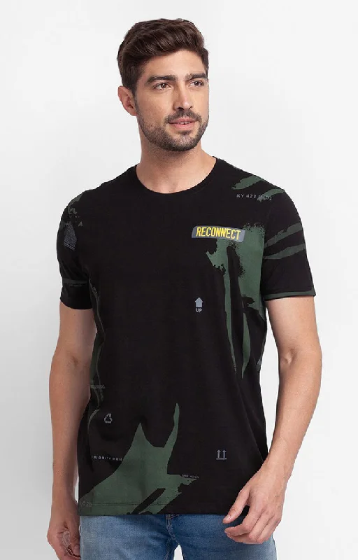 Super Savings Spykar Black Cotton Half Sleeve Printed Casual T-Shirt For Men