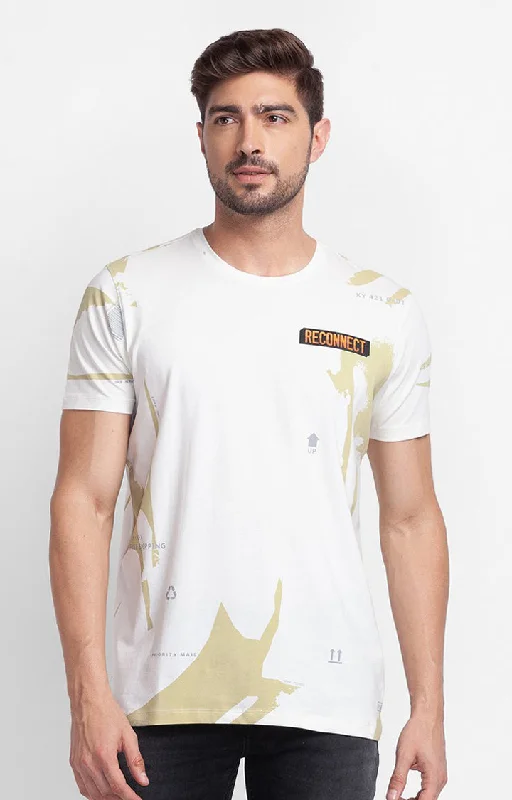 Special Offer Spykar Ecru Cotton Half Sleeve Printed Casual T-Shirt For Men
