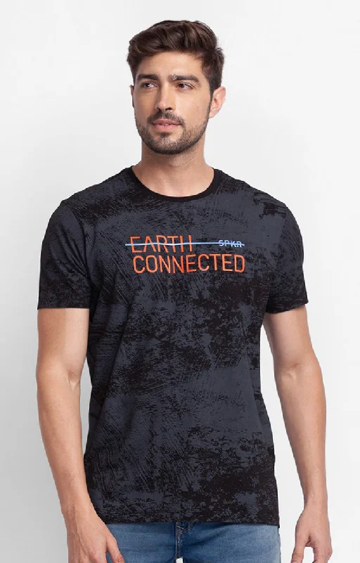Massive Savings Spykar Black Cotton Half Sleeve Printed Casual T-Shirt For Men