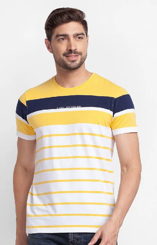 Deal Alert Spykar Sulphur Yellow Cotton Half Sleeve Stripes Casual T-Shirt For Men