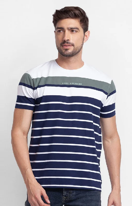 Best Choice Spykar White Cotton Half Sleeve Stripes Casual T-Shirt For Men