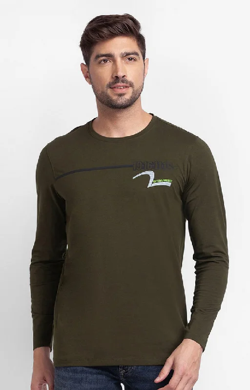 Weekend Deals That Sizzle Spykar Rifle Green Cotton Full Sleeve Printed Casual T-Shirt For Men