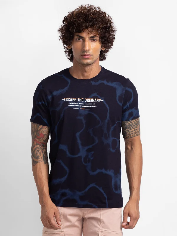Weekend Bargains to Enjoy Spykar Navy Blue Cotton Half Sleeve Printed Casual T-Shirt For Men