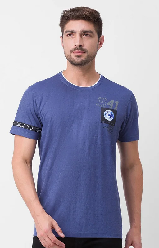 Weekend Bargains to Savor Spykar Denim Blue Cotton Half Sleeve Printed Casual T-Shirt For Men