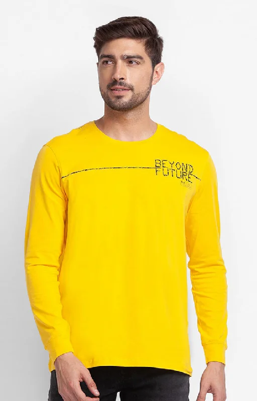Weekend Savings Delight Spykar Chrome Yellow Cotton Full Sleeve Printed Casual T-Shirt For Men Weekend Savings Delight Spykar Chrome Yellow Cotton Full Sleeve Printed Casual T-Shirt For Men