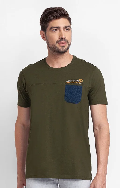 Weekend Discounts You Deserve Spykar Rifle Green Cotton Half Sleeve Plain Casual T-Shirt For Men